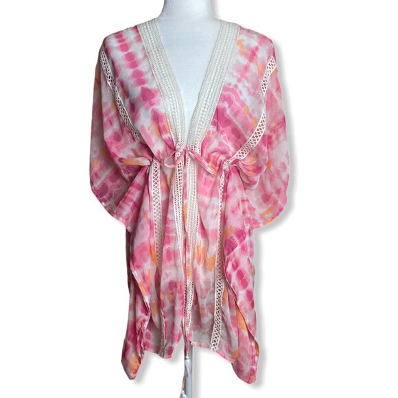 Steve Madden NWT $48 Tie Dye Swim Cover Up ONE SIZE Pink and Orange Crochet NEW - Picture 2 of 10